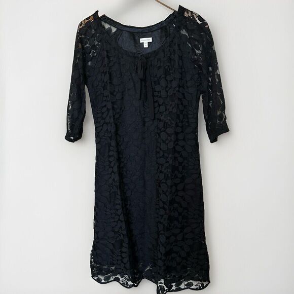 Garnet Hill Bohème Easy Lace Black Dress Size 4 Womens Knee Length 3/4 Sleeve - Picture 1 of 8